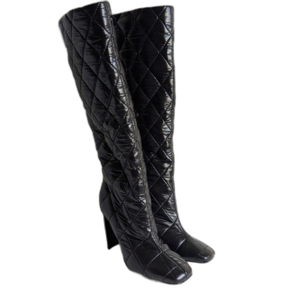 Aldo Snowpuff Black Knee High Quilted Puffer Heel Boots Women's size 6.5 - Picture 1 of 8